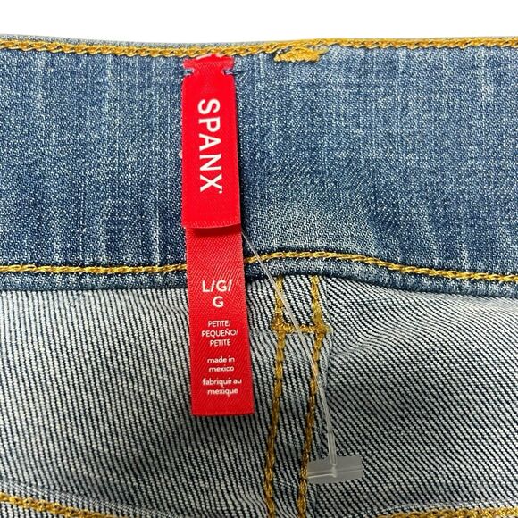 SPANX VINTAGE INDIGO FLARE Wide Leg Blue Denim pull-on Jeans Stretch Size L - Picture 7 of 9